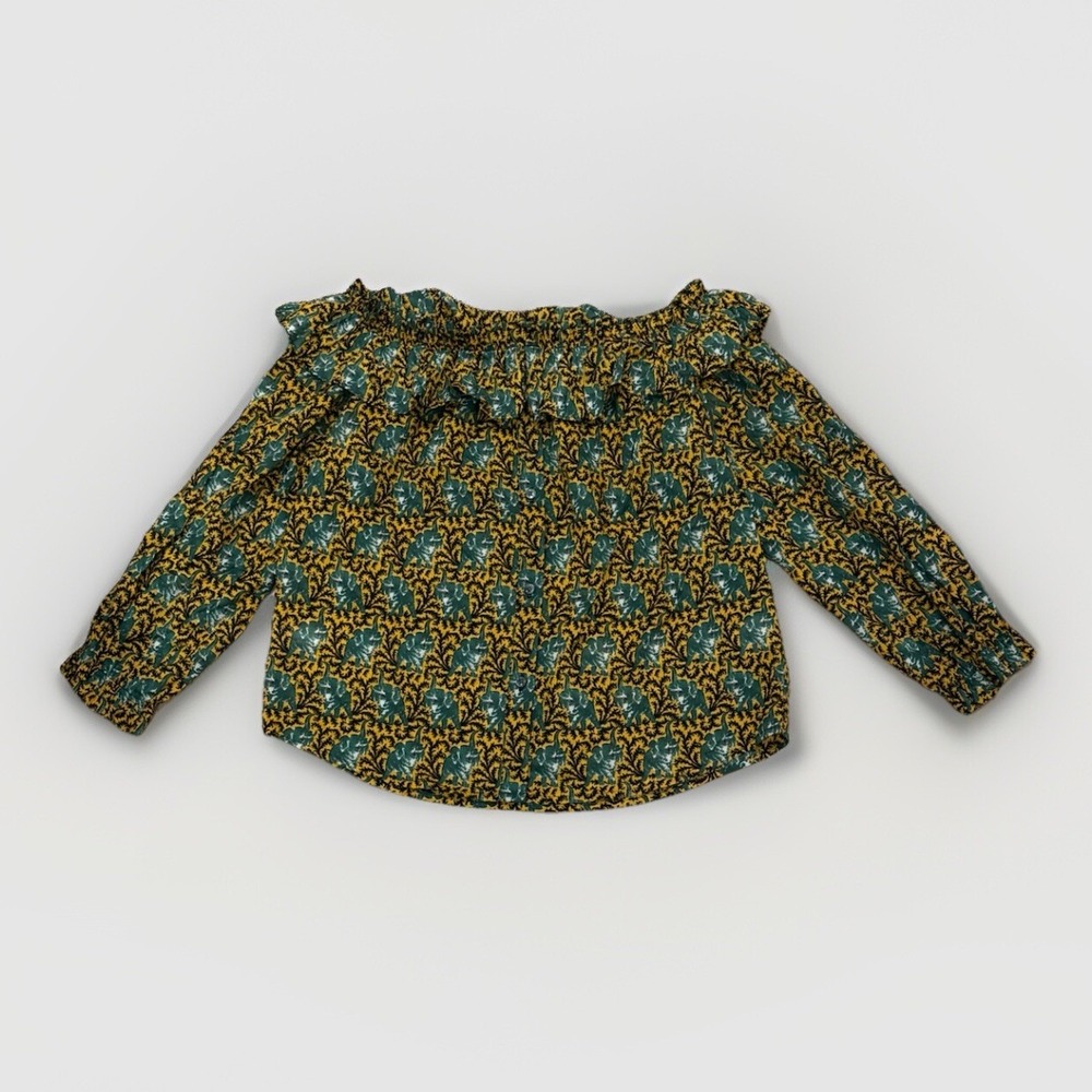 J Crew Novelty Elephant Bohemian Animal Print Ruffle Blouse Travel Safari Sz 2